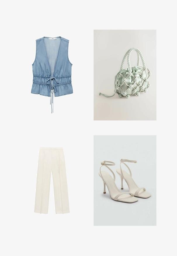 Denim mouwloos vest in lichtblauw met een diepe V-hals, verstelbare trekkoord taille en een gerimpelde zoom. Zachte textuur met een casual ontwerp.; Wijdgevallen broeken in een lichtcrème kleur. Gemaakt van een zachte stof met plooien aan de voorkant en zijzakken.; Beige hoge haksandalen met een vierkante neus en dunne enkelbandjes. Gewoon materiaal met een minimalistisch ontwerp, met een slanke hak.; Next Handtas - blue