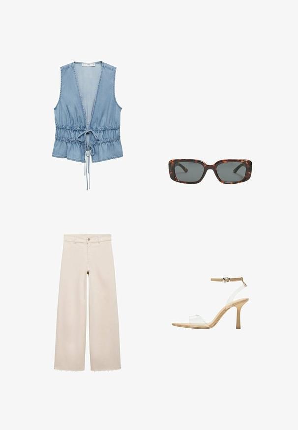 Gilet senza maniche in denim di blu chiaro con scollatura a V profonda, vita regolabile con coulisse e orlo arricciato. Tessuto morbido con design casual.; Jeans beige a gamba larga con vita alta, dotati di chiusura a pulsante, tasche frontali e orlo sfrangiato. Realizzati in tessuto denim.; Sandal con tacco trasparente e parte superiore trasparente, plantare beige e una sottile cinghia alla caviglia. Presenta una punta appuntita e un tacco alto e sottile.; Occhiali da sole tartaruga con lenti rettangolari, montatura spessa e lenti scure. Texture liscia e design minimalista.