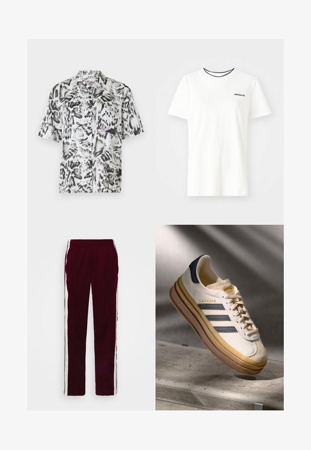 Paita lyhyillä hihoilla mustavalkoisessa abstraktissa siveltimen vedossa, jossa on kaulus, rintatasku ja nappikiinnitys.; Valkoinen puuvillainen t-paita lyhyillä hihoilla ja pyöreällä kaula-aukolla. Rinnassa musta Adidas-logo ja erottuva musta sisäkaulus.; Bordeaux urheiluhaalarit, joissa on naru vyötäröllä, valkoiset sivuviivat ja kapea malli. Valmistettu sileästä, kevyestä kankaasta.; Adidas Gazelle lenkkari, jossa on kermaisen suede-päällinen, siniset nahkaosat, kolme sinistä raitaa, beige välipohja ja ruskea kumipohja.