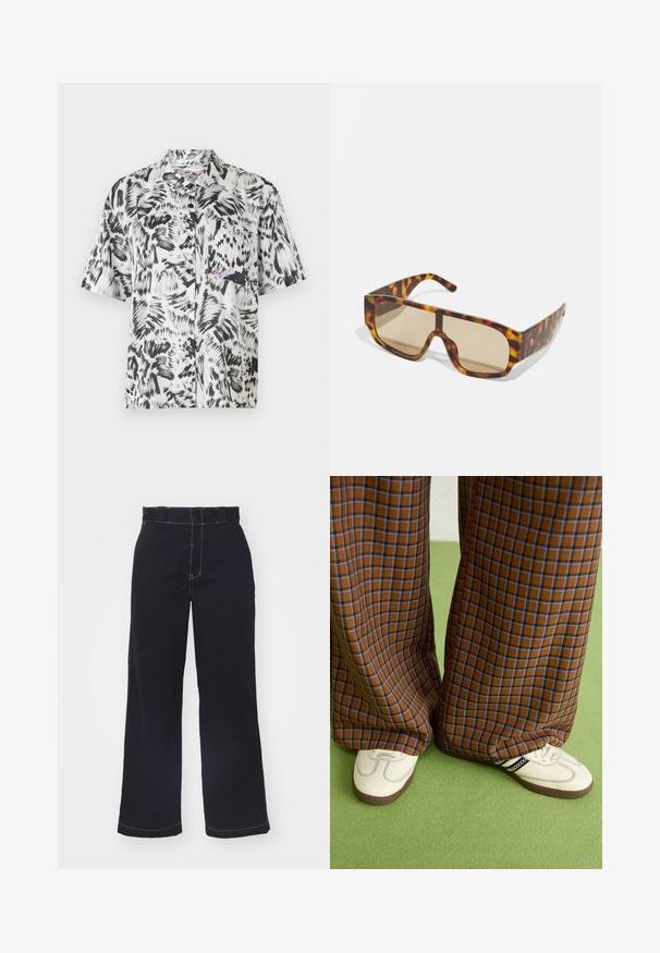 Cămașă cu mânecă scurtă în model abstract de perii, alb-negru, având guler, buzunar frontal și design cu nasturi.; Pantaloni largi de culoare albastru închis, din bumbac, cu talie înaltă, având cusături albe contrastante și un design simplu, curat.; Pantaloni largi cu carouri maro și albastru, asociați cu pantofi albi cu accente negre și tălpi texturate, împotriva unui fundal verde.; Ochelari de soare cu un cadru masiv, cu model țestoasă în nuanțe de brun și portocaliu, având lentile mari de culoare brună și un design elegant.