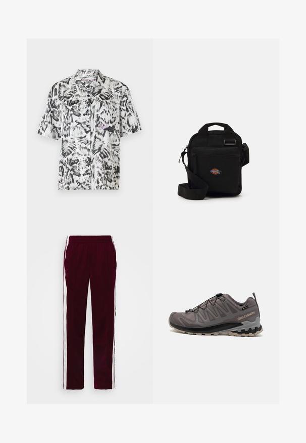 Short-sleeve shirt in black and white abstract brushstroke pattern, featuring a collar, front pocket, and button-down design.; Burgundy athletic pants with a drawstring waist, white side stripes, and a slim fit. Made from a smooth, lightweight fabric.; Gray outdoor shoe with a mesh and synthetic upper, a padded collar, and a textured sole featuring deep treads for traction. Adjustable lacing system.; Black crossbody bag with a zippered pocket, rectangular shape, made of fabric, featuring a logo patch on the front, adjustable shoulder strap.