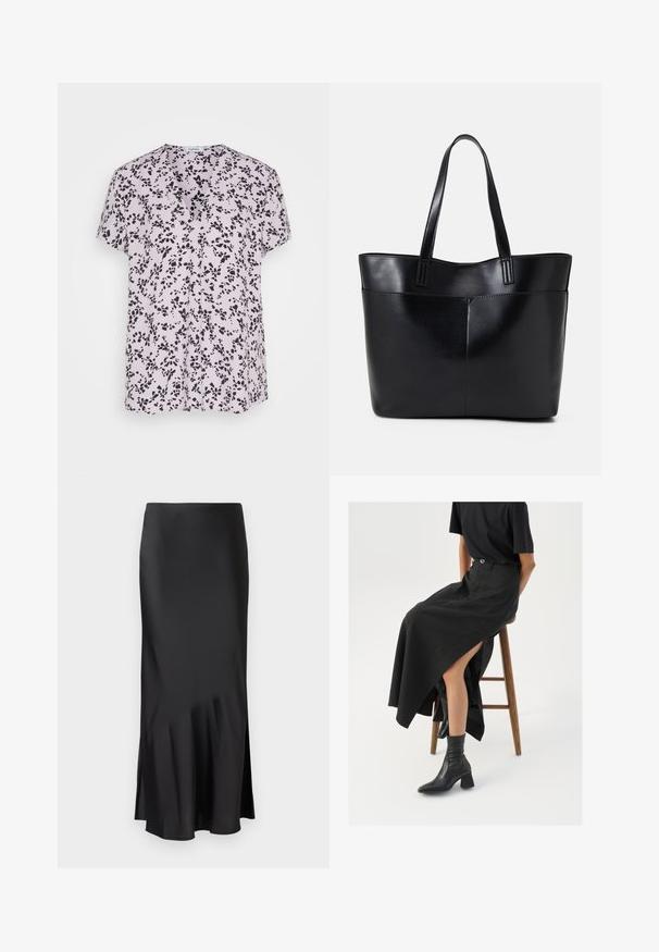 Esprit - T-shirt z nadrukiem; Czarna satynowa spódnica midi o eleganckim fasonie, z delikatnym rozkloszowaniem u dołu i bocznym rozcięciem dla większej swobody ruchów. Gładka tekstura.; Czarna lniana spódnica maxi z wysokim rozcięciem, noszona z czarnym t-shirtem i czarnymi botkami sięgającymi kostek. Minimalistyczny design z luźnym krojem.; Czarna skórzana torba na ramię z dwoma długimi uchwytami, gładką teksturą i sztywną formą. Posiada przednią kieszeń dla dodatkowego przechowywania.