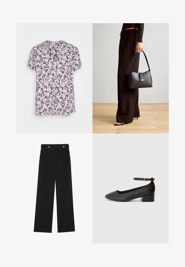 Esprit V NECK - T-Shirt print - lavender; Schwarze weite Hosen mit hoher Taille, Knopfdetails am Bund und vorderen Falten.; Schwarze Lederpumps mit spitzem Zehenbereich und niedrigem Blockabsatz. Mit einem Knöchelriemen und einer goldfarbenen Schnalle. Glatte Textur.; Schwarze Handtasche mit strukturierter Form, glatter Textur und einem metallischen Verschluss. Kombiniert mit weiten schwarzen Hosen und offenen Sandalen auf einem Holzboden.