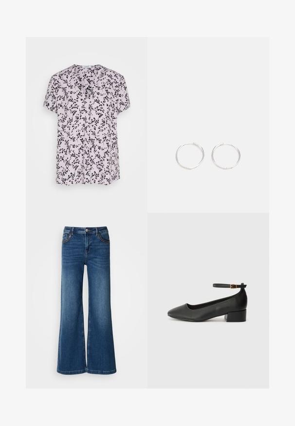 Esprit V NECK - Nyomott mintás póló - lavender; Széles lábú farmer sötétkék dinném anyagból. Öt zseb található rajta ellentétes színű varrással, fémgombbal és klasszikus, egyenes szabású kialakítással.; Fekete bőr magassarkú cipő hegyes orral és alacsony tömb sarkal. Bokapánttal rendelkezik, aranyszínű csattal. Simább textúra.; Ezüst karika fülbevalók, letisztult, kerek formával, sima felülettel és látható díszítés nélkül. A átmérő nem megadott.