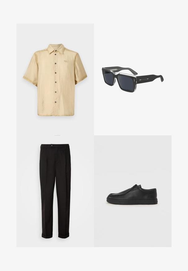 Kurzarmhemd aus leichtem beigen Satin mit glänzender Oberfläche, Knopfleiste vorne und kleinem Logo auf der linken Brustseite.; Schwarze Hose mit glatter Textur, gerade geschnitten, zwei Fronttaschen und einem einzigen Knopfverschluss an der Taille.; Schwarze Leder-Schlupfschuhe mit runder Zehenform, genähten Details und schwarzer Gummisohle. Glatte Textur mit minimalistischem Design.; Schwarze rechteckige Sonnenbrille mit dunkelgrauen Gläsern, ausgestattet mit einem transparenten Rahmenende und einem eleganten, mattschwarzen Bügel. "Calvin Klein"-Logo am Bügel.