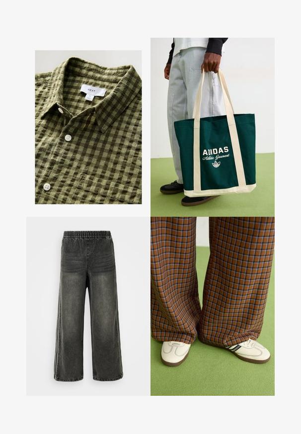Zaļš švīku īssvārku krekls, izgatavots no mīksta auduma, ar pogājamu apkakli un baltām pogām, ar pieliktu etiķeti un izmēra birku.; Melni mazgāti džinsu bikses ar elastīgu jostu un platām kājām, kurām ir smalkas vertikālās šuvju detaļas sānos.; Brūni un zili rūtaini platās kājas bikses, kas savienotas ar baltām kurpēm ar melniem akcentiem un teksturētām zolēm, uz zaļa fona.; Persona tur tumši zaļu Adidas šoping maisu ar bēšiem siksniņām un apakšu, ģērbusies gaiši zilos džinsos un melnās kurpēs uz zaļas grīdas.