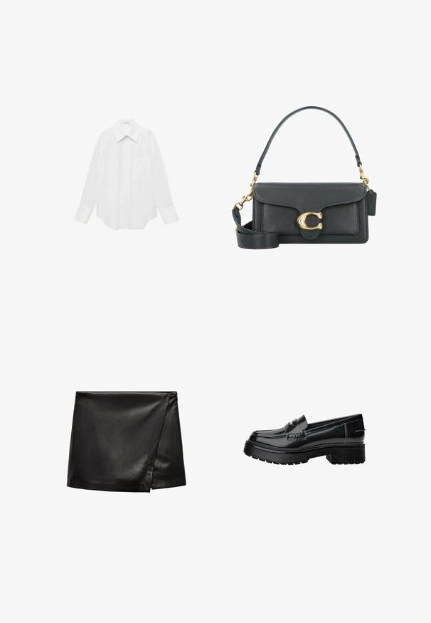 Camicia bianca a maniche lunghe realizzata in tessuto morbido, con colletto a punta, una tasca sul petto e orlo arrotondato per una vestibilità oversize.; Mini gonna in pelle nera con design avvolgente, caratterizzata da una texture liscia e uno stile minimalista. Nessuna ferramenta o motivo visibile.; Mocassini in vernice nera con suola spessa, caratterizzati da una fascia decorativa e dettagli di cucitura discreti. Texture gommoso sulla suola.; Borsa a tracolla in pelle nera con accessori in metallo dorato, dotata di una chiusura distintiva, di una tracolla rimovibile e di una superficie texturizzata.