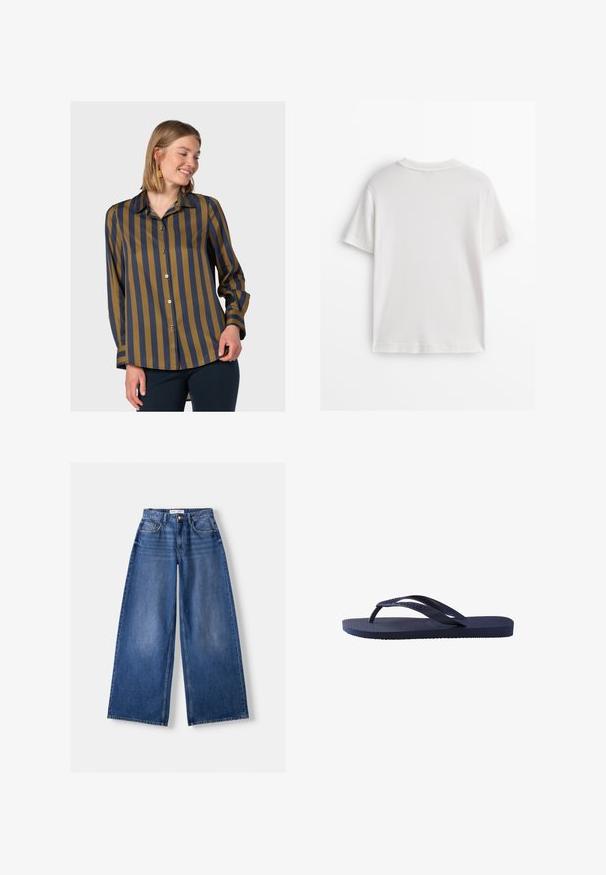 Button-up Hemd mit vertikalen Streifen in Marineblau und Olivgrün, klassischem Kragen und langen Ärmeln mit geknöpften Manschetten. Glatte Stoffstruktur.; Weißes Baumwoll-T-Shirt mit kurzen Ärmeln, rundem Ausschnitt und glatter Textur. Die Rückseite ist einfarbig ohne zusätzliche Muster oder Designs.; Bershka WIDE-LEG - Wide Leg - dark blue; Marineblaue Flip-Flops mit strukturierten Gummiträgern und Sohle, die ein wellenförmiges Muster auf den Trägern und ein flaches, geriffeltes Fußbett haben.