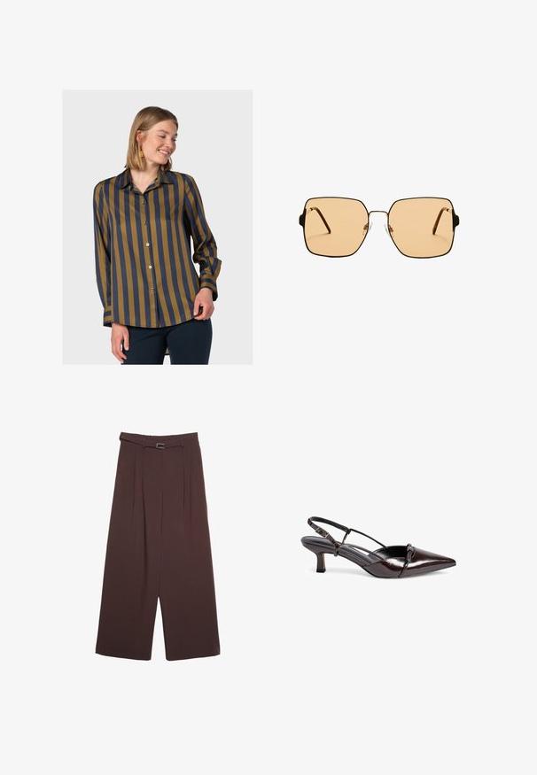 Camicia con bottoni caratterizzata da strisce verticali blu navy e verde oliva, colletto classico e maniche lunghe con polsini abbottonati. Tessuto morbido.; Stradivarius WIDE-LEG WITH BUCKLE DETAIL  - Pantaloni - dark brown; Pump slingback in pelle lucida marrone con punta affusolata, tacco a blocco piccolo, design a fasce incrociate e dettaglio decorativo a fiocco nella parte anteriore.; Occhiali da sole quadrati con lenti marroni e una sottile montatura in metallo nero. Presentano tempie angolari e naselli regolabili per il massimo comfort.; Borsa hobo in suede marrone con una parte superiore curva, una lunga tracolla con dettagli a pois e una consistenza morbida. Presenta un design morbido per un uso casual.