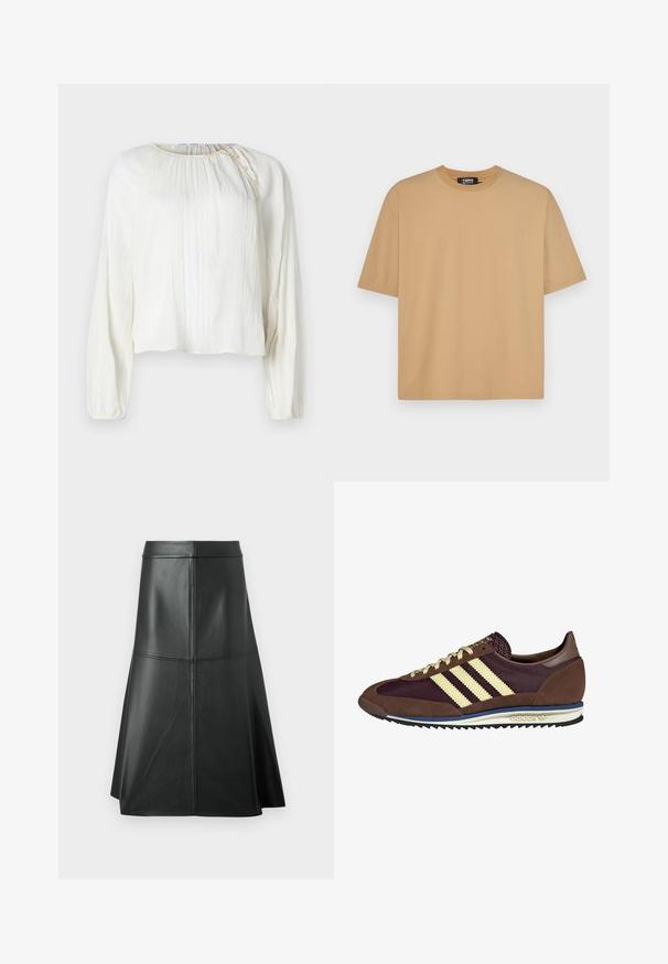 Lehká, krémová blůza s dlouhými rukávy, texturovaná látka, kulatý výstřih a knoflíkové detaily na rameni.; Béžové bavlněné tričko s kulatým výstřihem, krátkými rukávy a volným střihem. Hladký povrch s švy podél spodního lemu a rukávů.; Černá kožená A-linie sukně, hladká textura, do délky midi, s horizontálním švem v pase a švech pro přidanou strukturu.; Hnědé a burgundské tenisky z semiše a síťoviny, s třemi krémovými pruhy, texturovaným materiálem na jazyku a gumovou podrážkou.