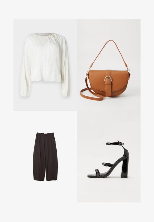 Leichte, cremefarbene Bluse mit langen Ärmeln, strukturiertem Stoff, rundem Ausschnitt und Knopfdetails an der Schulter.; Schwarze weit geschnittene Hosen aus einem glatten Stoff, mit hoher Taille, Frontfalten und Seitentaschen. Schlichtes Design ohne Verzierungen.; Schwarze Lackleder-Sandalen mit hohen Absätzen, zwei Riemen mit Schnallen, quadratischer Zehenpartie und klobigem Blockabsatz, mit einer glatten, glänzenden Textur.; Braune Leder-Crossbody-Tasche mit geschwungener Form, goldfarbenen Beschlägen und einer Schnallenakzentuierung. Verfügt über einen abnehmbaren Schultergurt.