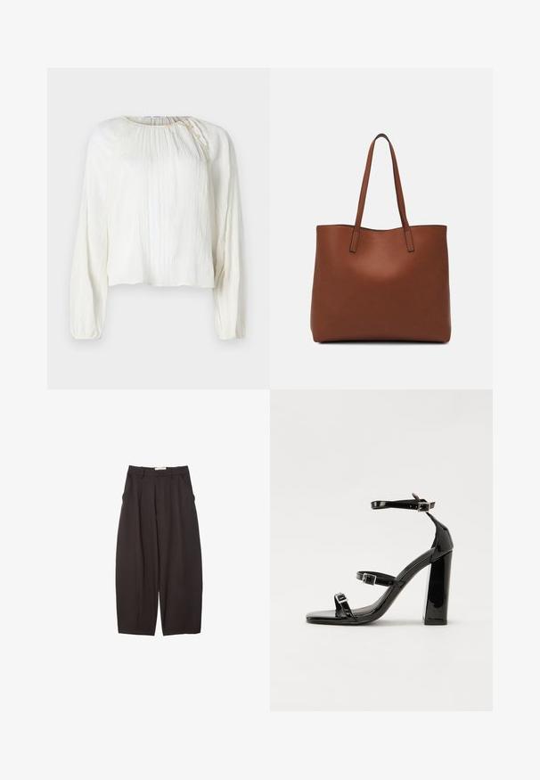 Kevyt, kermaisen valkoinen paita, jossa on pitkät hihat, tekstuurimateriaali, pyöreä pääntie ja nappikoriste olkapäässä.; Mustat leveälahkeiset housut, jotka on valmistettu sileästä kankaasta. Niissä on korkea vyötärö, etupleatsit ja sivutaskut. Yksinkertainen muotoilu ilman koristeita.; Musta kiiltäväpintainen korkokengät, joissa on kaksi solkikiinnitystä, neliönmuotoinen kärki ja paksu korko, sileällä, kiiltävällä pintarakenteella.; Ruskea nahkainen olkalaukku, jossa on sileä pinta, avoin yläosa ja kaksi olkahihnaa. Omaavat vain minimaalisen ompelun eikä näkyvää metalliosaa.