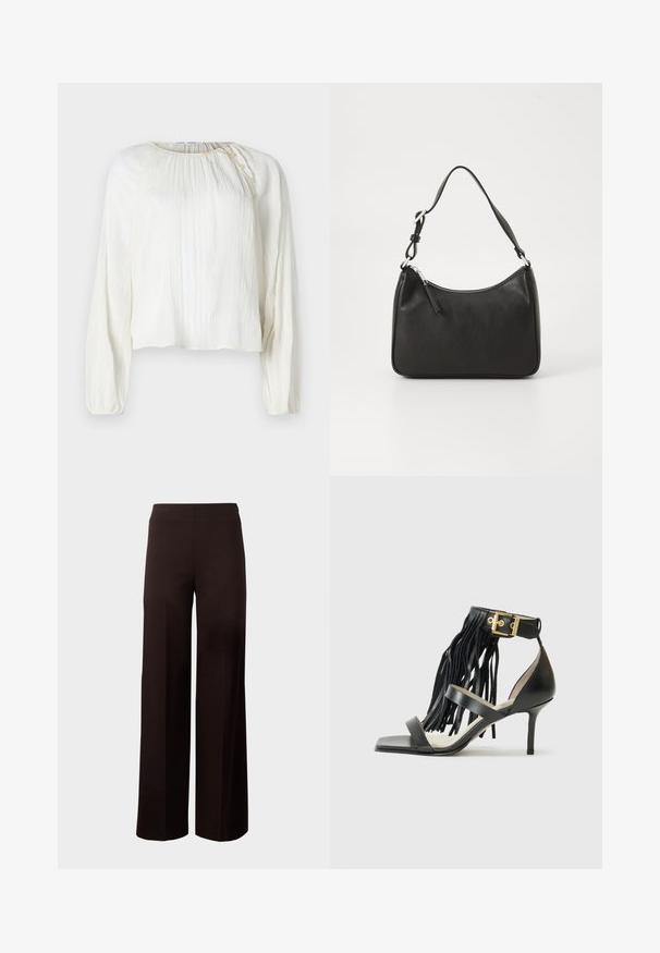 Bluză ușoară, de culoare crem, cu mâneci lungi, țesătură texturată, decolteu rotund și detaliu cu nasture la umăr.; Pantaloni negri cu picioare largi, prevăzuți cu un curea elastică, realizați dintr-un material neted și elastic. Au un design simplu, fără modele.; Sandale negre cu toc înalt, cu detalii franjurate, curea la gleznă cu accesorii aurii, vârf pătrat plat și două curele încrucișate pe partea superioară.; Geantă de mână din piele neagră, cu o formă curbată, curea unică, închidere cu fermoar și un branding subtil pe față. Textură fină, design minimalist.