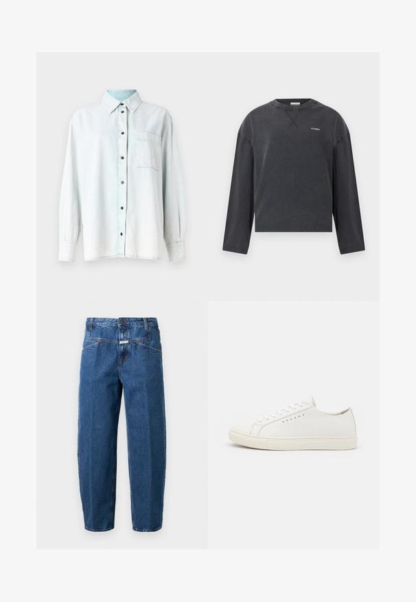 Vaaleansininen farkkupaita, jossa on pitkät hihat, terävä kaulus, nappilista, yksi rintatasku ja ruskeat napit. Pehmeä rakenne, hieman haalistunut pesu.; CLOSED CREWNECK LONGSLEEVE - Pitkähihainen paita - black; Tummansiniset farkut, joissa on rento malli, viisi taskua, ommellut saumat ja napitus vyötäröllä.; Valkoiset nahkakenkä, joissa on sileä pinta, pyöreä varvas, vähäiset nyörit ja litteat kumipohjat. Yksinkertainen muotoilu ilman lisäkoristeita.