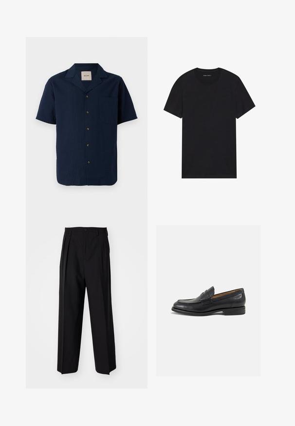 Marineblauw kortemouwen shirt met een gestructureerd patroon, knoopsluiting en een enkele borstzak. Materiaal lijkt lichtgewicht en ademend te zijn.; Zwarte katoenen t-shirt met korte mouwen en een ronde hals. De stof heeft een gladde textuur en een eenvoudig, effen ontwerp.; Zwarte geplooide broeken met een rechte, brede pijpontwerp. Gemaakt van soepele stof, met een knoopsluiting en riemlussen.; Zwarte leren loafers met een gladde afwerking, ronde neus en decoratieve stiksels op de wreef. Lage gestapelde hak en een lichte glans.
