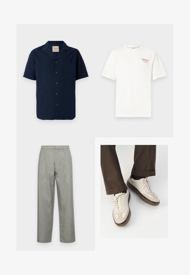 Laivaston lyhythihainen paita, jossa on teksturoitu kuosi, nappisuljenta ja yksi rintatasku. Materiaali vaikuttaa kevyeltä ja hengittävältä.; Valkoinen puuvillainen t-paita, jossa pyöreä pääntie ja lyhyet hihat. Vasemmassa rinnassa on punainen teksti, jossa lukee "NORTH POLE CO. SANTA'S GROTTO."; Harmaat räätälöidyt housut, jotka on valmistettu teksturoidusta kankaasta, suoralla lahkeella, etuplepaleilla ja tavallisella vyötäröllä, jossa on vyölenkit.; Beige tennarit, joissa on teksturoidut mokkasiinimaiset etuosat, sileät nahkasaumat ja ruskea kumipohja. Narut ja vaaleat ompelutiedot mukana.