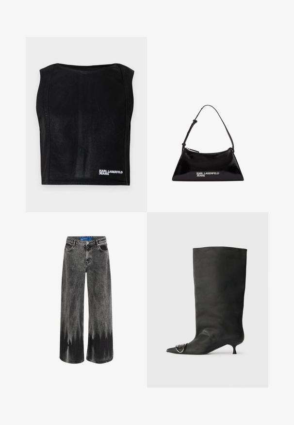 Czarny krótki top bez rękawów z dekoltem łódkowym i białym logo "KARL LAGERFELD JEANS" w dolnym prawym rogu.; Spodnie dżinsowe o szerokich nogawkach w wyblakłym czarnym denimu, z efektem dip-dye, stalowym wykończeniem oraz klasycznym pięciokieszeniowym designem i standardowym pasem.; Czarne skórzane botki za kostkę z szpiczastym noskiem, małym obcasem i metalicznym akcentem na nosku. Gładka, matowa faktura na całej powierzchni.; Czarna torebka z lakierowanej skóry o trójkątnym kształcie, z górnym zamkiem błyskawicznym i regulowanym paskiem. Logo "KARL LAGERFELD JEANS" w kolorze srebrnym.