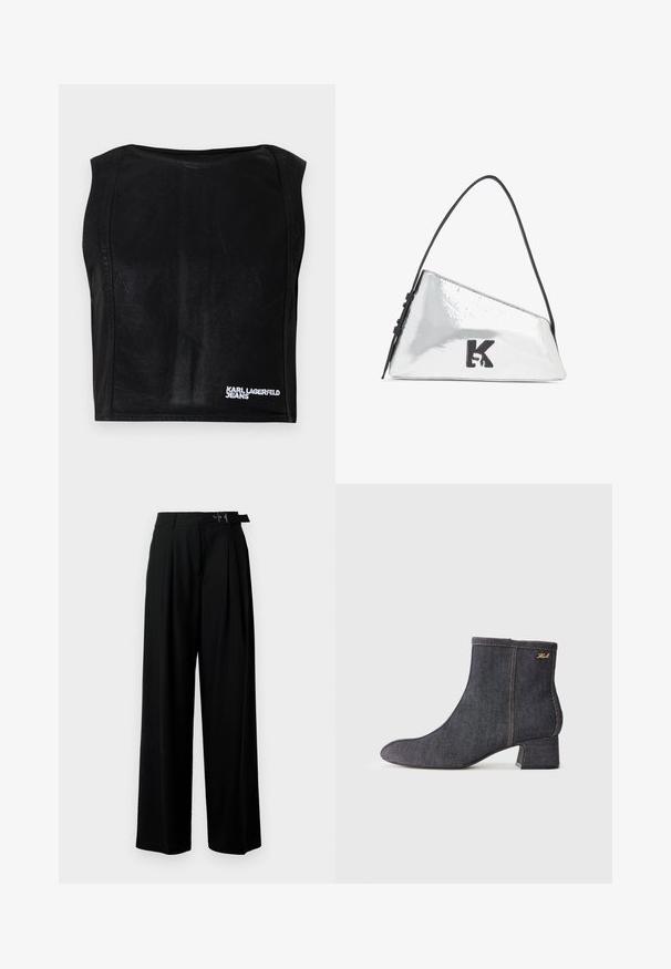 Svart ermeløs cropped topp med båthals og hvit «KARL LAGERFELD JEANS»-logo nederst til høyre.; Svarte vide bukser med høy livlinje, folder foran og belte med spenne. Laget av glatt, lett materiale.; Mørke denim ankelstøvletter med spiss tå, blokkhæl, synlig søm og en subtil merkevarelogo på siden. Glatt tekstur.; Sølv metallisk håndveske med trekantet form, svart skulderreim og preget 'K' logo på forsiden. Glatt, glitrende tekstur.