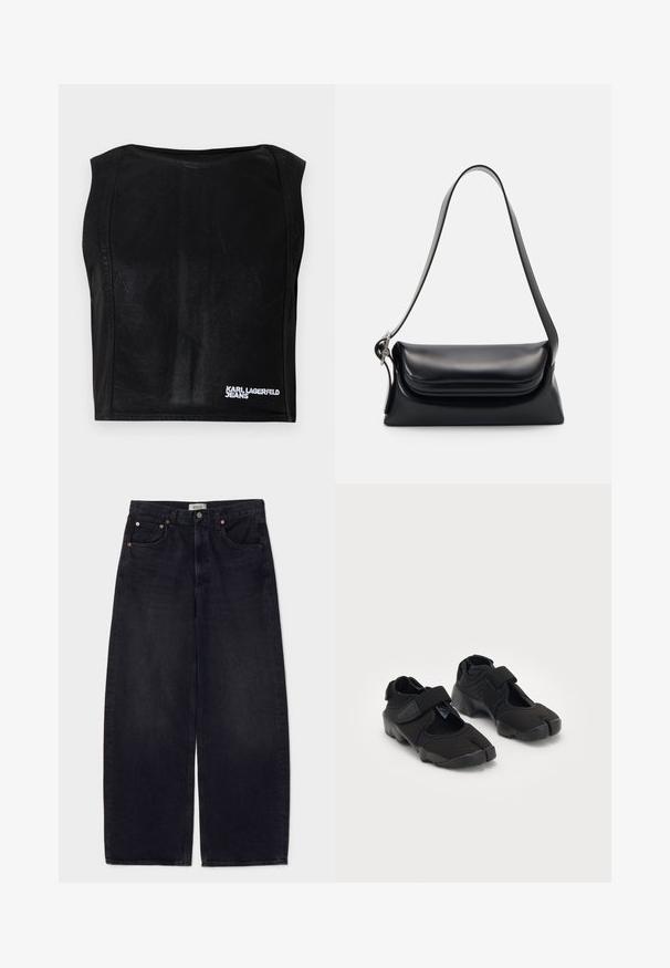 Melna piedurkņu topa ar laivas veida kakla izgriezumu un baltu "KARL LAGERFELD JEANS" logotipu apakšējā labajā stūrī.; Plašās kāju melnās džinsu bikses ar vara pogām, divām priekšējām kabatām un gludu tekstūru. Tīrs dizains ar taisnu griezumu.; Melnas ūdens kurpes, izgatavotas no elastīga auduma, ar Velcro siksnu, piedāvājot unikālu šķeltā pirksta dizainu un teksturētu gumijas zoli labākai saķerei.; Melnas ādas rokassoma ar strukturētu formu, gludu tekstūru un vienu plecu siksnu. Raksturīga diskreta, noapaļota vāka dizains.; Sudraba Casio kvarts pulkstenis ar taisnstūra formu, analogo un digitālo displeju, nerūsējošā tērauda aproce un ūdensizturīgas īpašības.