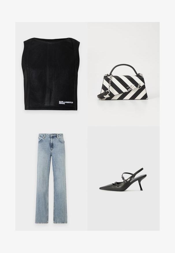 Svart ärmlös croppad topp med båtringning och vit "KARL LAGERFELD JEANS"-logotyp längst ner till höger.; Ljusblå, vida jeans i denim. Har en knapp- och dragkedjestängning, framfickor och subtila blekningar. Snyggt avslutade fållar.; Svarta läderklackar med slingback, spetsig tå, smal klack och dekorativ spänndetalj på ovansidan. Slät struktur och stilren design.; Svart och vit randig handväska med en strukturerad form, som har ett handtag upptill, en avtagbar kedjesnodd och en metallisk logotypdetalj.