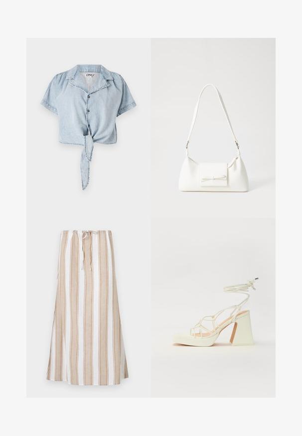 Camisa de denim azul claro, curta, com mangas curtas, fecho de botão à frente, colarinho e detalhe de laço na cintura. Textura ligeiramente desbotada e costura visível.; Saia riscada em branco e castanho claro, com uma cintura ajustável por cordão e um design longo e fluido. Feita de um tecido leve com um corte descontraído.; Sandálias brancas de salto alto com um salto robusto, apresentando um design com tiras e amarração no tornozelo. Textura suave com uma plataforma na frente para altura adicional.; Mala sintética branca com formato triangular, aba frontal plana e detalhe de laço, alça ajustável, textura suave e design minimalista.