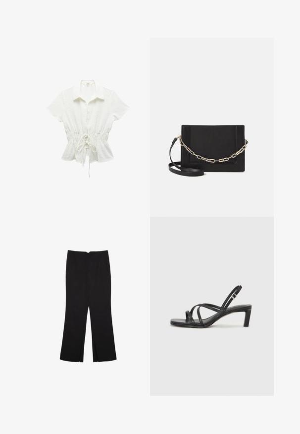 Hvid kortærmet bluse med krave, snoreliv, tekstureret stof og subtile prikkede mønstre. Knapper foran.; Sorte bukser med lige pasform, der har frontlommer og slidser i kanten. Lavet af blødt, glat stof. Velegnet til forskellige anledninger.; Sort remsandale med firkantet tå og en lav blokeret hæl. Har flere tynde stropper og en justerbar ankelrem. Fremstillet af glat læder.; Sort læder crossbody taske med en glat tekstur, rektangulær form og en metallisk kæde detalje foran. Justerbar skulderrem inkluderet.