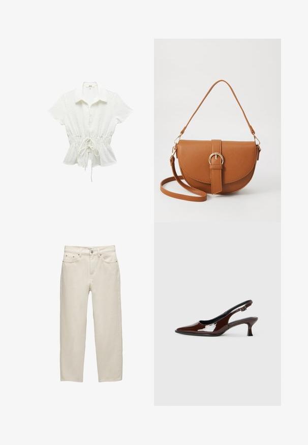 White short-sleeve blouse with a collar, drawstring waist, textured fabric, and subtle dot patterns throughout. Buttons down the front.; White denim jeans with a relaxed fit, featuring a straight leg, five-pocket design, and metal hardware with a subtle texture.; Brown patent leather slingback shoe with a pointed toe and a moderate heel. Features a buckle strap for secure fit. Smooth texture.; Brown leather crossbody bag with a curved shape, gold hardware, and a buckle accent. Features a detachable shoulder strap.