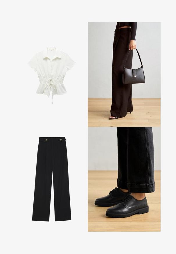 Blusa bianca a maniche corte con colletto, vita con cordoncino, tessuto testurizzato e sottili motivi a pois in tutta l'ammirazione. Bottoni sulla parte anteriore.; Pantaloni neri a gamba larga con vita alta, dettagli con bottoni in vita e pieghe frontali.; Scarpe in pelle nera stringate con una texture liscia, punta rotonda e suola in gomma spessa, abbinate a jeans scuri cropped.; Borsa nera con forma strutturata, texture liscia e una chiusura metallica. Abbinata a pantaloni neri larghi e sandali open-toe su un pavimento in legno.