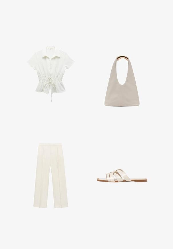 Valkoinen lyhythihainen paita, jossa on kaulus, nyörikiinnitys vyötäröllä, tekstuuroitu kangas ja hienovaraiset pilkkuviivat kauttaaltaan. Napit edessä.; Valkoiset leveälahkeiset housut vaaleassa kermassa. Valmistettu sileästä kankaasta, jossa on laskokset edessä ja sivutaskut.; Tason vaaleanruskealla kumipohjalla, jossa on kolme päällekkäistä valkoista nahkaremmiä ja pieni satiininen rusetti keskellä.; Vaalea harmaa nahkalaukku, jossa on U-muotoinen muotoilu ja kaareva metallikahva. Suora pinta, jossa on minimaalinen ompelu ja ei näkyviä kuvioita.