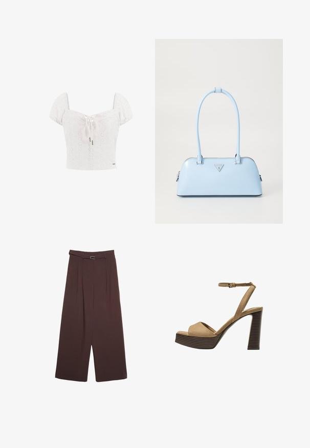 Witte katoenen crop top met pofmouwen, opengewerkte details en een strik aan de voorkant. Heeft een getailleerde bodice en een decoratieve logo-accent.; Stradivarius WIDE-LEG WITH BUCKLE DETAIL - Broek - dark brown; Beige suède hoge hakken sandalen met een brede voorband en enkelband, met een dikke houten blokhak met een gestructureerde afwerking.; Lichtblauwe handtas met een gestructureerde vorm, van soepel leer, met twee handvatten en een driehoekig merklogo aan de voorkant. Met ritsluiting.