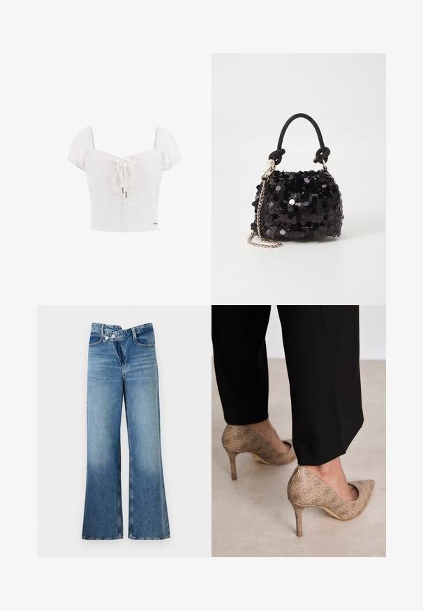 Weißes Baumwoll-Crop-Top mit Puffärmeln, Durchbrüchen und einer Frontbindung. Es hat ein tailliertes Oberteil und ein dekoratives Logo-Detail.; Helle, blaue Jeans mit weit ausgestellt Bein und hoher Taille, ausgestattet mit zwei Knöpfen und vorderen Taschen. Der Stoff hat eine ausgewaschene Textur mit subtilen Variationen.; Beige High Heels aus strukturiertem Stoff mit einem sich wiederholenden Muster. Spitz zulaufendes Design mit einer Rückenausschnitt und goldenen Absatz.; Schwarze Pailletten-Mini-Handtasche mit einem geknoteten, strukturierten Tragegurt und einer silbernen Kette. Abgerundete Form mit gerafftem oberen Teil und reflektierenden Details.