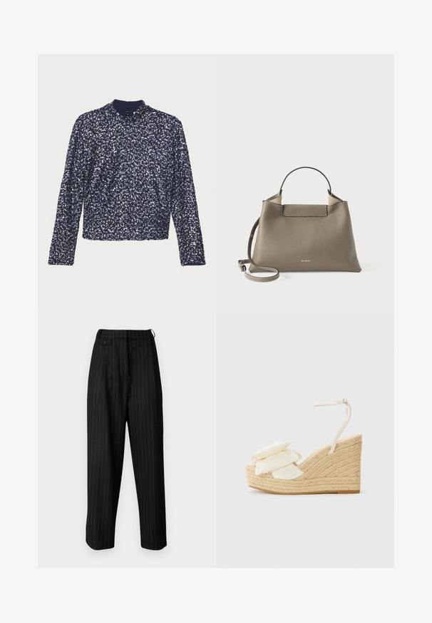 Námořnická malovaná blůza s dlouhými rukávy, vysokým límcem a zipem na zadní straně. Má texturovaný povrch s hustě uspořádanými lesklými flitry.; Černé kalhoty s vysokým pasem a bílými pruhy, zdobené puky, s knoflíkovým zapínáním a volným střihem. Vyrobené z hladkého materiálu.; Sandal s klínem s přírodní jute platformou, béžovým textilním svrškem a dvěma vrstvami květinových detailů; obsahuje tenký nártový pásek se sponou.; Texturovaná šedá kožená kabelka s horním uchopem a nastavitelným ramenním popruhem, která se vyznačuje minimalistickým designem a decentním potiskem na přední straně.