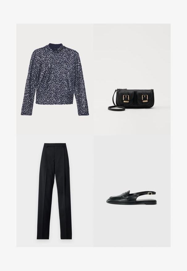 Marinblus med paljetter, långa ärmar, hög krage och dragkedja i ryggen. Har en texturerad yta med tätt arrangerade glittrande paljetter.; Svarta byxor i mjukt tyg med hög midja, vida ben, framfickor och klassiska bältesöglor. Inga sidofickor synliga.; Svart läder slingback-sko med rund tå, platt sula, sidokut och rem med guldfärgad detaljer.; Svart läderaxelväska med två framfickor, guldspännen, dragkedjestängning och en smal rem. Texturerad yta och kompakt rektangulär form.
