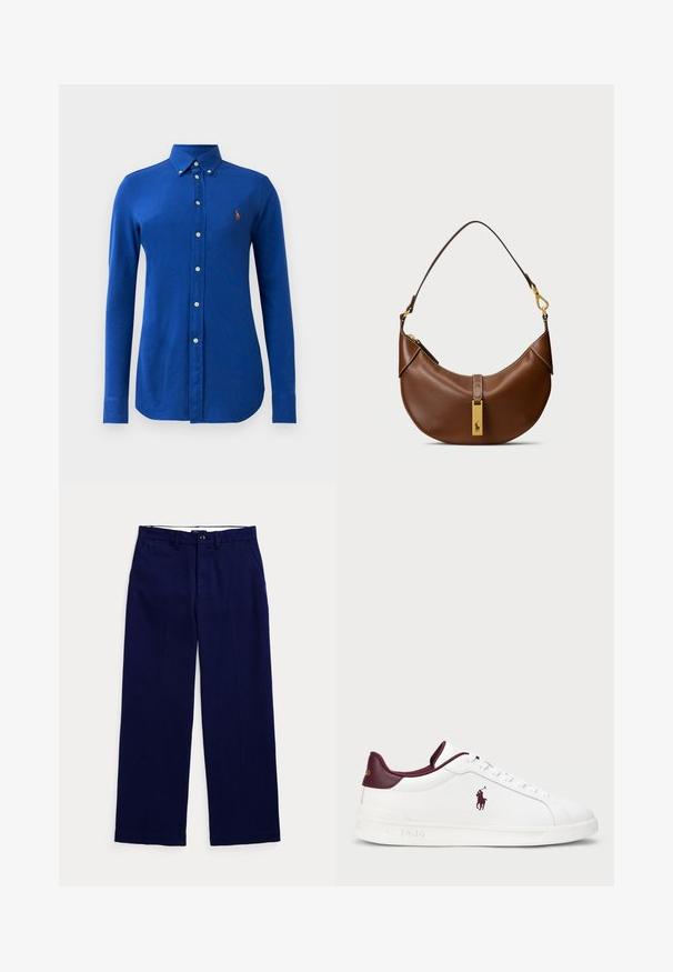 Camisa azul de manga longa abotoada, feita de algodão, com um colarinho clássico, botões brancos e um pequeno logótipo bordado no lado esquerdo do peito.; Camisa de manga longa branca, em material de algodão, com decote redondo, apresentando um pequeno logótipo azul-marinho no lado esquerdo do peito. Design simples, ajuste regular.; Calças de perna reta em azul-marinho, com passantes para cinto, fecho com botão e bolsos laterais, em um fundo claro liso.; Sapatilhas brancas em pele com pormenores em bordô, bico arredondado, logotipo em relevo e atacadores planos. Sola texturizada e detalhes de superfície lisa.; Bolsa de ombro de couro castanho com forma curvada, hardware dourado, detalhe de fecho superior e um logotipo em destaque. Textura lisa com bordas costuradas.