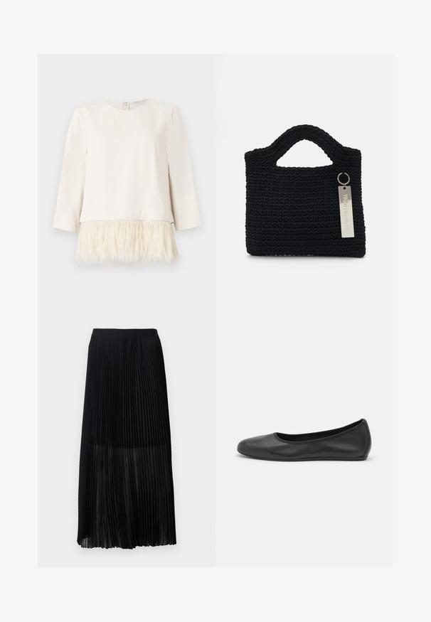Langärmliges Oberteil in Creme mit einem weichen, strukturierten Kunstfellsaum. Runder Ausschnitt mit einem Reißverschluss im Rücken. Glatte Stoffoberfläche oben und flauschiger Saum darunter.; Schwarzer, plissierter Midirock mit einem glatten, elastischen Bund und einer durchsichtigen Überlagerung, die feine vertikale Falten im gesamten Stoff aufweist.; Schwarze Leder-Ballettschuhe mit abgerundeter Spitze, glatter Textur, minimalen Nähdetails und einem flexiblen Sohlen-Design.; Won Hundred MARSIELLE COMPUTER BAG UNISEX - Notebooktasche - black