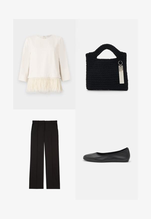 Maglietta a maniche lunghe color crema con orlo in morbido e testurizzato pelliccia sintetica. Collo rotondo con chiusura a cerniera sul retro. Tessuto liscio sopra e trim soffice al di sotto.; Pantaloni neri su misura realizzati in un tessuto liscio, con un design a gamba dritta e due tasche laterali. Costruzione elegante e minimalista.; Pantofole da balletto nere in pelle con punta arrotondata, texture liscia, dettagli di cucitura minimi e design con suola flessibile.; Won Hundred MARSIELLE COMPUTER BAG UNISEX - Borsa porta PC - black