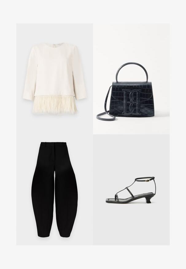 Dlhý rukáv top v krémovej farbe s mäkkým, textúrovaným umelým kožušinovým lemom. Okrúhly výstrih so zipsom na zadnej strane. Hladká látka navrchu a huňatý lem dole.; Čierne široké nohavice s vysokým pásom, skladaným predným dielom a užšími členkami. Vyrobené z hladkej látky s matným povrchom.; Čierna kožená sandála so štvorcovou špičkou, tenkými popruhmi, nastaviteľným pásikom okolo členka a nízkym podpätkom. Obsahuje malý zlatý akcent na popruhu.; Čierna kabelka z krokodílovej embosovanej kože so štruktúrovaným dizajnom, horným uchom, nastaviteľným popruhom a výrazným predným logom.