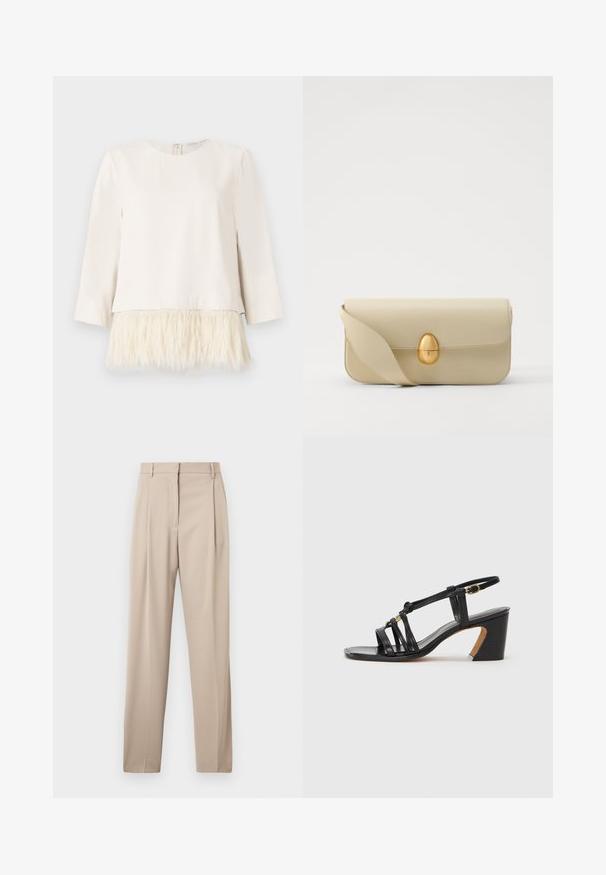 Langærmet bluse i creme med en blød, tekstureret faux fur kant. Rund halsudskæring med lynlåslukning i ryggen. Glat stof ovenfor og fluffy kant nedenfor.; Beige skræddersyede bukser med lige ben, der har folder foran og bæltestropper, lavet af et glat stof.; Paul Smith AMIRA - Pumps - black; Beige læderhåndtaske med en glat tekstur, rektangulær form og en gylden oval lås. Har en lang, justerbar rem.
