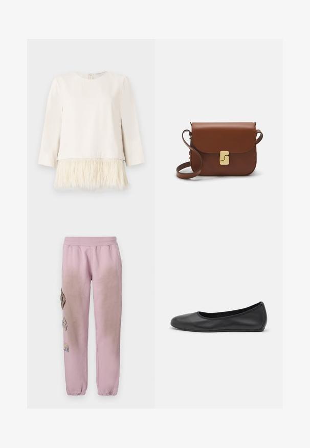 Long-sleeve top in cream with a soft, textured faux fur hem. Round neckline with a back zipper closure. Smooth fabric above and fluffy trim below.; Pink sweatpants with an elastic waistband, featuring decorative patches in diamond shapes on the left side and elastic cuffs at the ankles.; Black leather ballet flat with a rounded toe, smooth texture, minimal stitching detail, and a flexible sole design.; Brown leather handbag with a flap closure, gold-tone hardware, a shoulder strap, and a smooth texture. Compact rectangular shape.