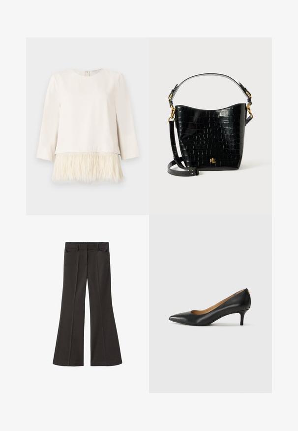 Langsleeve top in crème met een zachte, textuur faux fur zoom. Ronde halslijn met een ritssluiting aan de achterkant. Glad materiaal boven en fluffy afwerking onder.; Zwarte flared broek met een hoge taille; beschikt over twee voorkeurszakken en een gladde stoftextuur. Geschikt voor verschillende gelegenheden.; Zwarte leren pump met een puntige teen, lage hak en een gladde textuur. Heeft een lichte opening aan de voorkant en minimale hardware aan de achterkant.; Zwarte croco-embossed leren tas met een gebogen ontwerp, gouden hardware-accenten, een verstelbare schouderriem en een logo-detail aan de voorkant.