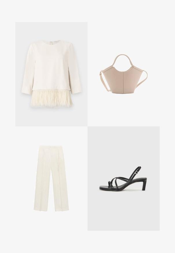 Långärmad tröja i krämfärg med en mjuk, texturerad fuskpälsnederdel. Rund halsringning med dragkedja i ryggen. Slätt tyg ovanför och fluffig kant nedanför.; Breda byxor i en ljus krämfärg. Tillverkade av ett mjukt tyg med veck fram och sidofickor.; Svart sandaler med remmar och fyrkantig tå samt låg blockklack. Har flera tunna remmar och en justerbar ankelrem. Tillverkad av mjukt läder.; Beige läderhandväska med en unik form, med två korta handtag och ett långt justerbart axelband. Slät textur med minimal hårdvara.
