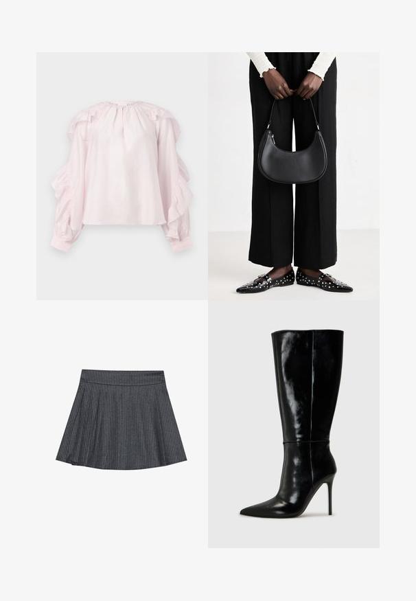 Blusa rosa con maniche a volant e scollo arr Gathered. Realizzata in tessuto leggero, ha polsini elasticizzati e un fit rilassato.; Gonna a skater grigia a righe con cintura aderente, forma a trapezio svasata e texture di tessuto morbido. Le linee verticali aumentano l'interesse visivo.; Stivali neri in pelle alti fino al ginocchio con punta affusolata e tacchi a stiletto alti. Texture liscia e design elegante, con decorazioni minime.; Borsa a spalla in pelle nera con forma arrotondata, finitura lucida e accessori in argento. Persona che indossa pantaloni ampi neri e mocassini con borchie.; Orecchini in metallo dorato con forma triangolare liscia e arrotondata e design con chiusura a perno; superficie riflettente con minimalismo nei dettagli.