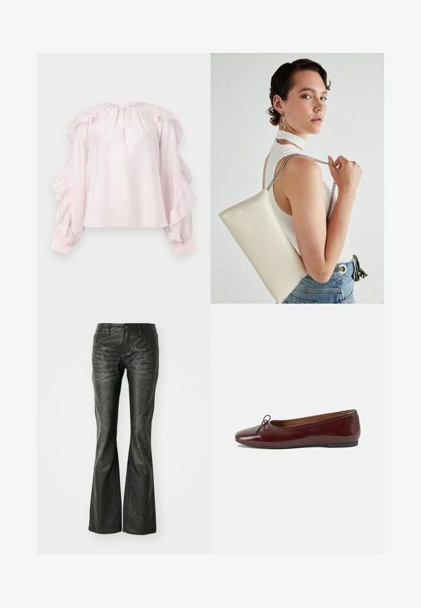 Rožinė bluzonė su volanų rankovėmis ir surinktu kaklu. Pagaminta iš lengvos medžiagos, ji turi elastingus rankogalius ir laisvą kirpimą.; Juodos dirbtinės odos flared džinsai su priekinėmis kišenėmis, metaliniu mygtuko uždarymu ir šiek tiek tekstūruota paviršių. Tiesūs džinsai su ilgu kirpimu.; Bordo lakiotos odos baleto bateliai su apvalia nosimi, maža kaspinėlio akcentu priekyje ir žema juoda guma padanga. Lygi tekstūra.; Balta, stačiakampio formos rankinė pagaminta iš blizgaus medžiagos, su sidabriniu virvute. Modelis pozavo, demonstruodamas rankinę prieš paprastą foną.