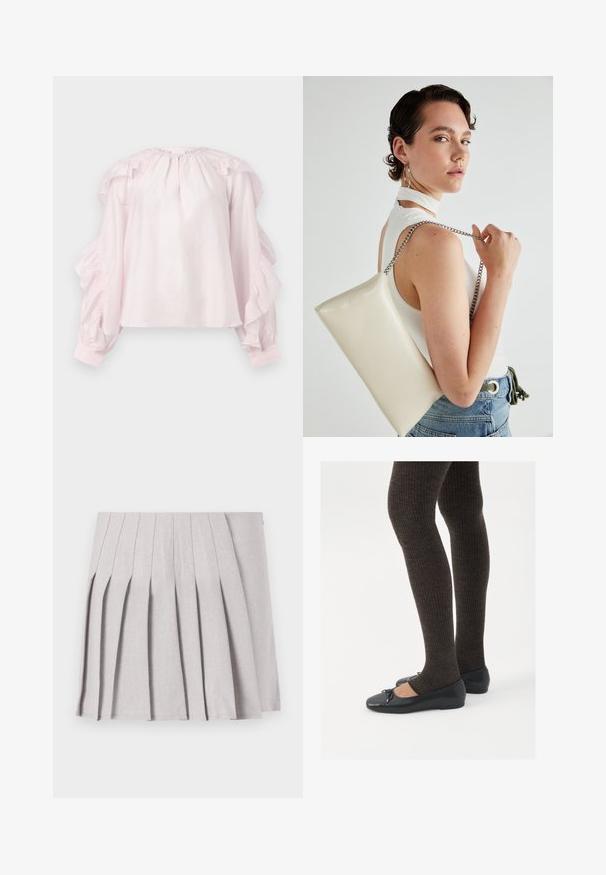 Pink blouse with ruffled sleeves and a gathered neckline. Made from lightweight fabric, it has elasticated cuffs and a relaxed fit.; Gray pleated skirt with a smooth texture, featuring multiple vertical folds and a fitted waistline. Made from lightweight fabric.; Black flat shoes with a small bow detail at the toe, paired with dark brown ribbed tights. Shoes have a smooth texture and low profile.; White rectangular clutch bag made of glossy material, featuring a silver chain strap. Model poses, showcasing the bag against a plain background.