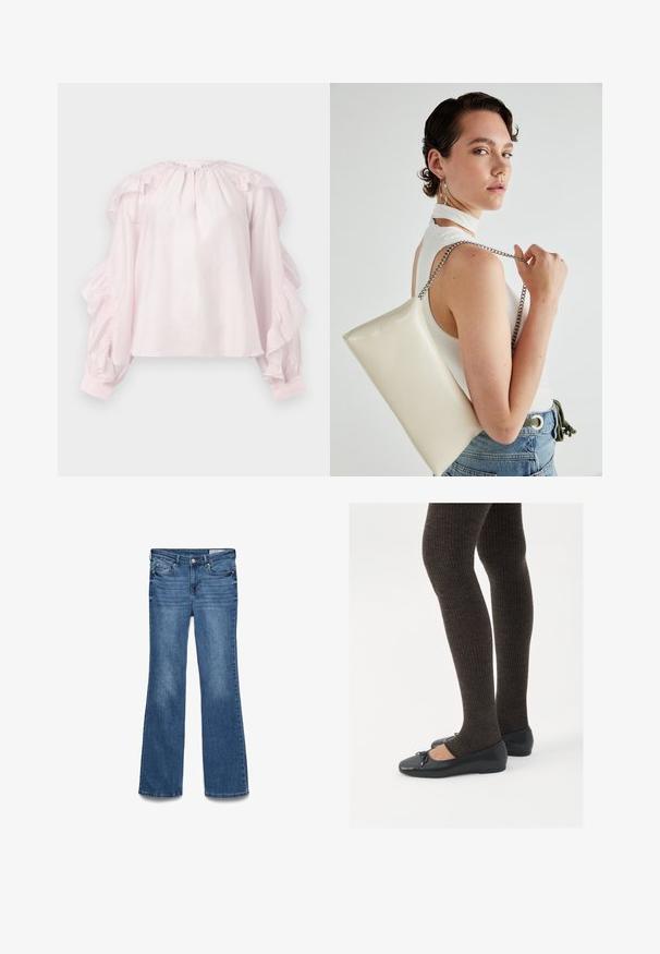 Rózsaszín blúz fodros ujjal és ráncolt nyakkivágással. Könnyű anyagból készült, rugalmas mandzsettákkal és laza szabással.; Kék farmer trapézfarmer közepes derékkal, két elülső zsebbel és varrott derékpánttal. Puha tapintás és hagyományos öt zsebes kialakítás.; Fekete lapos cipők kis masni díszítéssel az orrán, sötétbarna bordázott harisnyával párosítva. A cipők sima textúrával és alacsony profilúak.; Fehér, téglalap alakú, fényes anyagból készült clutch táska, ezüst láncos pánttal. A modell pózol, bemutatva a táskát egy egyszínű háttér előtt.