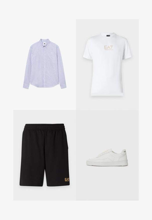 Blauw en wit gestreepte overhemd met lange mouwen, met een button-down kraag, een borstzak en logo-detail aan de linkerkant. Katoenen stof.; Witte katoenen t-shirt met een ronde halslijn en korte mouwen, voorzien van een gouden EA7 Emporio Armani-logo op de voorkant.; Zwarte sportshorts van zacht materiaal, met een elastische tailleband en een klein geel EA7-logo op de onderste linkeronderbroek.; Witte leren sneaker met een gladde afwerking, ronde neus, platte veters en een gestructureerde zool. Kenmerkt zich door een subtiel logo op de hiel.