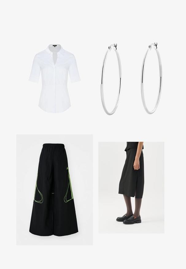 White button-up shirt with a collared neckline and short sleeves. Smooth fabric with a tailored fit and subtle contouring at the waist.; adidas Originals TEAMGEIST - Tracksuit bottoms - black/signal green; Black knee-length skirt with side slit, paired with black loafers and sheer brown tights, featuring a smooth fabric and simple design.; Silver hoop earrings with a smooth, polished surface and a thin, circular shape. The design features a secure clasp.