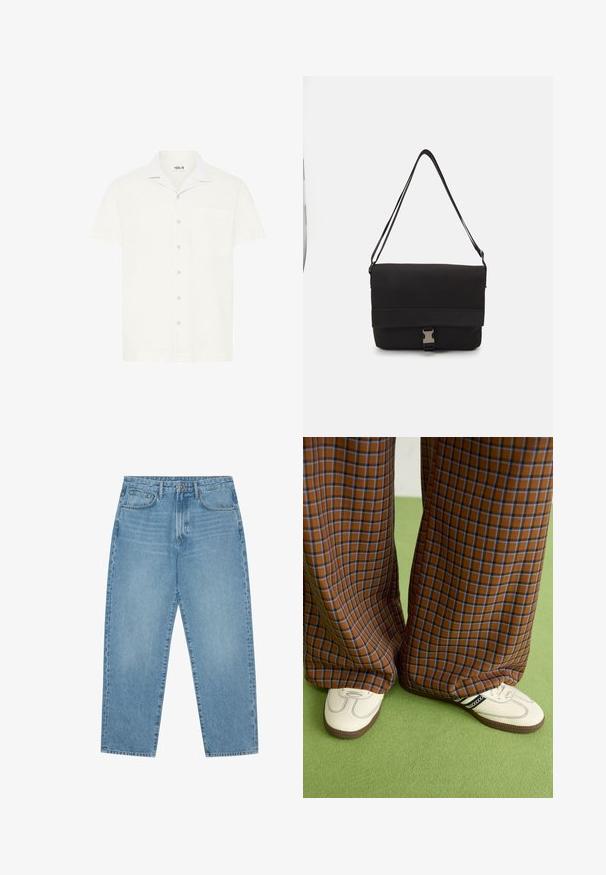 Kortermet, hvit skjorte med krage og lomme, som har kontrasterende detalj på kragen og en subtil tekstur, festet med knapper foran.; Lyseblå denim brede benbukser med høy midje, som har fem lommer, beltehemper og en myk, lett falmet tekstur.; Brune og blå rutete vide bukser sammen med hvite sko med svarte detaljer og teksturerte såler, satt mot en grønn bakgrunn.; Svart budveske laget av glatt materiale, med en klaff som kan legges over, sølvfarget spenne og en justerbar skulderrem.