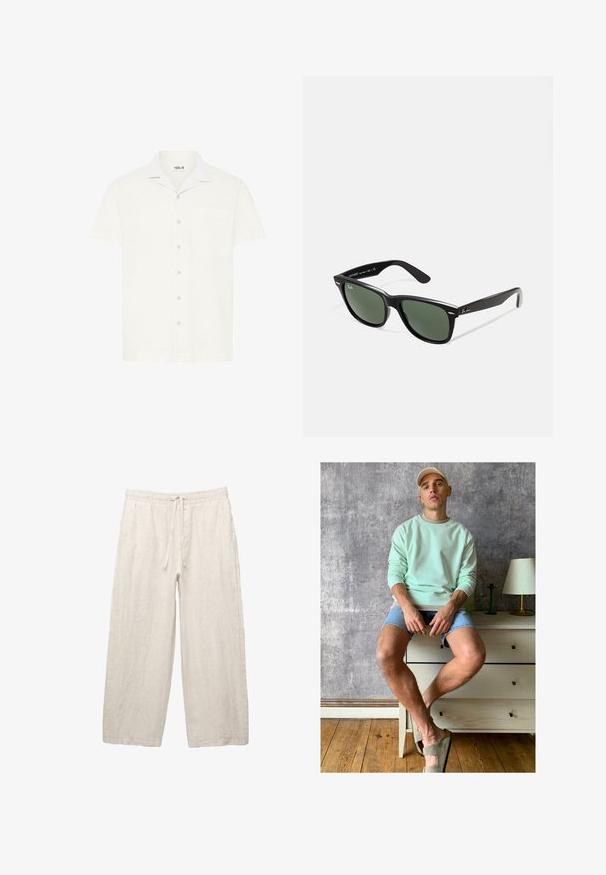 Korte mouwen, witte overhemd met kraag en een zak, met contrasterende kraagdetails en een subtiele textuur, sluiting met knopen aan de voorkant.; Linnen broeken in lichtbeige, met een elastische tailleband met een trekkoord, een wijde pasvorm en zijzakken. Gladde textuur.; Muntgroene sweatshirt, denim shorts en olijfgroene instappers. Zittend op een lichtgekleurde ladekast tegen een gestructureerde grijze muur.; Zwarte plastic zonnebril met groene lenzen, vierkante montuur, zilveren accent op de wenkbrauw en een gestructureerde tempel. Merken vermeld op de binnenkant van de arm.