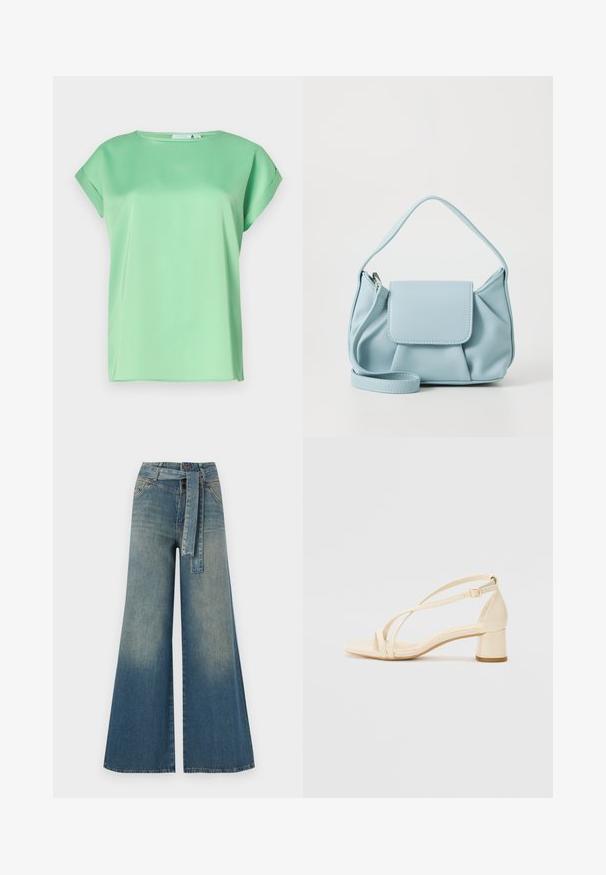 Menta zöld, rövid ujjú blúz kerek nyakkivágással és sima, könnyű anyagból. Laza fazonja és diszkrét oldalsó hasítékai vannak.; Bőszárú farmernadrág, világos és sötétkék árnyalatokkal, magas derekú, övgyűrűkkel és a nadrággal megegyező anyagú övvel. Textúrált farmer kivitel.; Krémszínű, blokk sarkú szandálok, pántos kialakítással és állítható bokapánttal, sima szintetikus anyagból, matt felülettel.; Világoskék bőrtáska, felső fogantyúval, elülső fedélzsebkémmel és levehető csuklószíjjal, fehér háttér előtt.